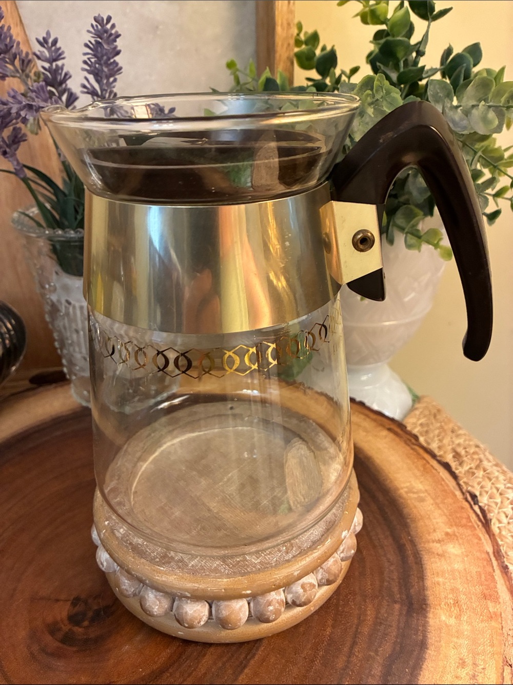 Vintage Corning Coffee Carafe with Atomic Gold Accent, 2 Cup Pot